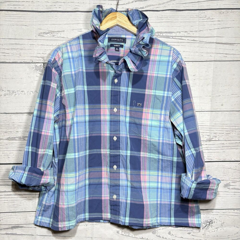 Crown & Ivy XL Shirt Ruffle Collar Easter Pastels Pink Blue Preppy CUTE Upcycled